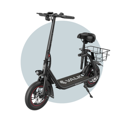 VALK Basket-Volt Electric Scooter with Seat, Disc brakes, 12" Tyres, Motorised eScooter 6 Months Free Service