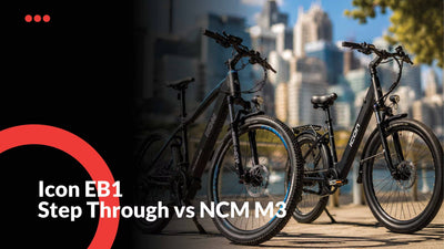 Icon EB1 Step Through vs NCM M3 electric bike comparison showing battery range, frame design, comfort and performance differences