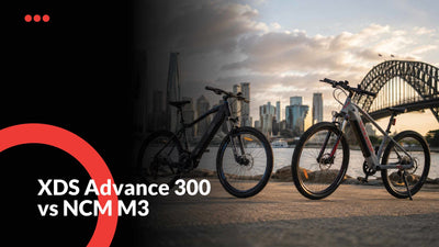XDS Advance 300 vs NCM M3 electric bike comparison showing battery range, rider fit, hydraulic brakes, weight and trail riding performance.