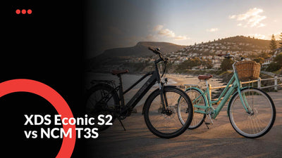 XDS Econic S2 vs NCM T3S electric bike comparison showing battery range, step-through frame design, brakes and commuter features in Australia