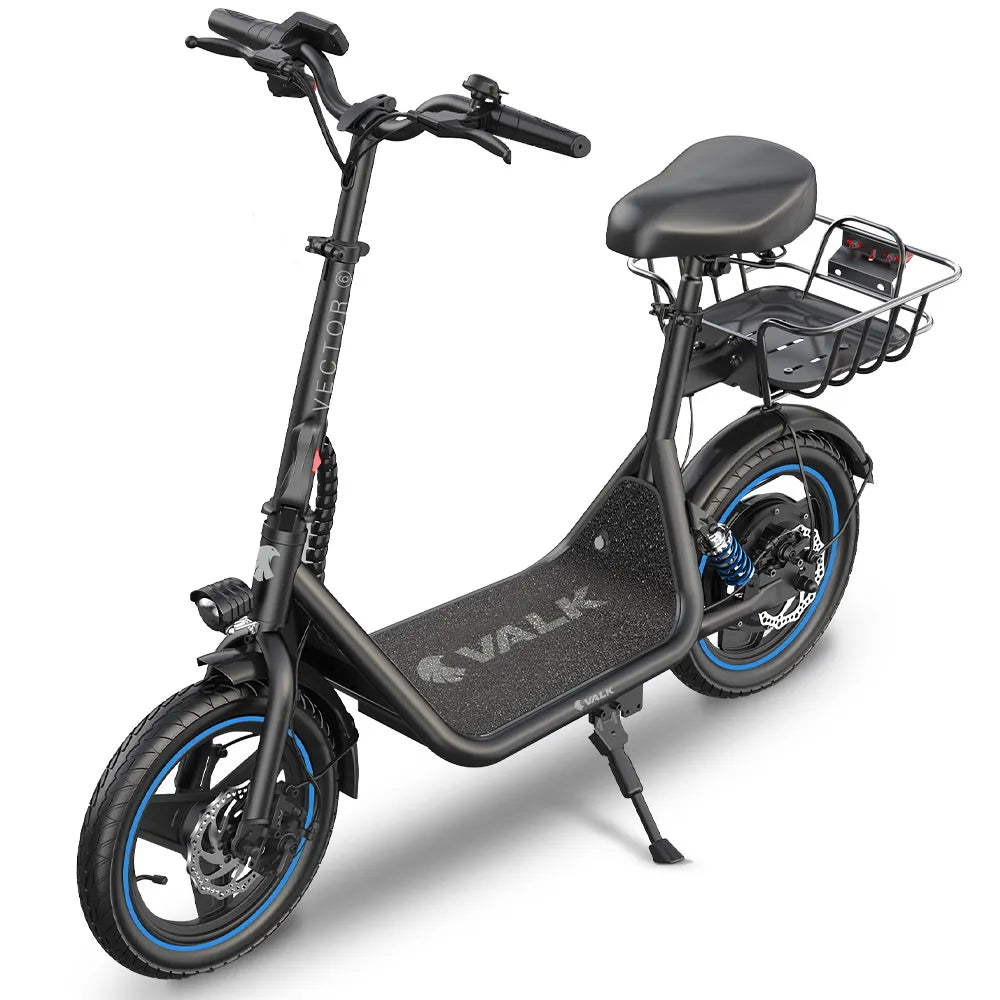 PRE-ORDER VALK Basketbolt Electric Scooter with Seat, 30km Range, Disc brakes, 14" Tyres, Motorised eScooter for Adults Teens Commuter