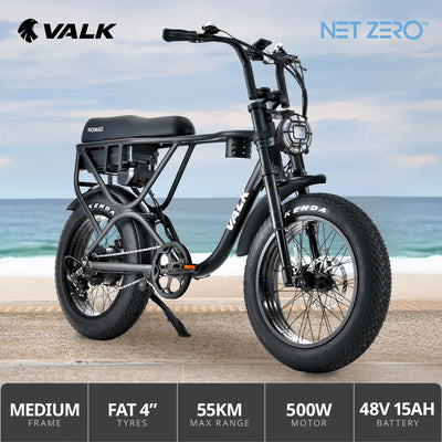 VALK Nomad Electric Fat Tyre Bike, 500W, 45km/hr, Throttle ebike, Disc Brakes, Shimano 7 spd, 20x4" Kenda Tyres, Suspension, Black