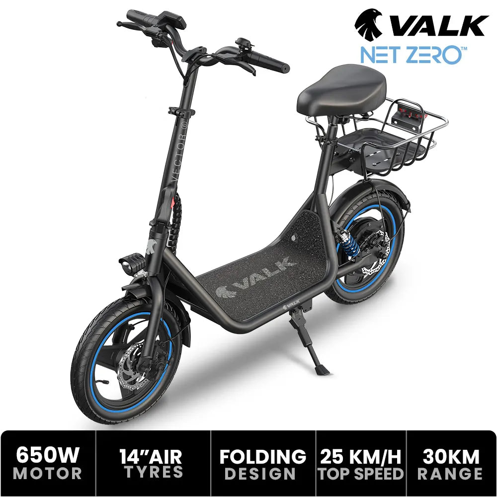 PRE-ORDER VALK Basketbolt Electric Scooter with Seat, 30km Range, Disc brakes, 14" Tyres, Motorised eScooter for Adults Teens Commuter