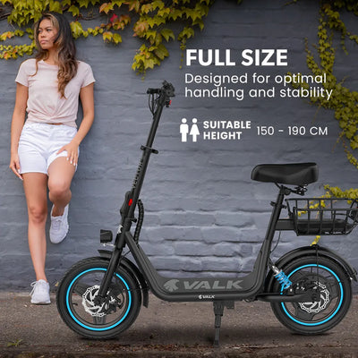 PRE-ORDER VALK Basketbolt Electric Scooter with Seat, 30km Range, Disc brakes, 14" Tyres, Motorised eScooter for Adults Teens Commuter