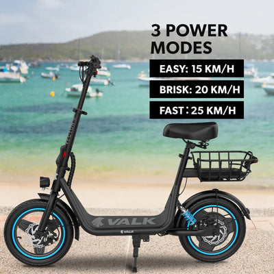 PRE-ORDER VALK Basketbolt Electric Scooter with Seat, 30km Range, Disc brakes, 14" Tyres, Motorised eScooter for Adults Teens Commuter