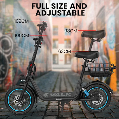 PRE-ORDER VALK Basketbolt Electric Scooter with Seat, 30km Range, Disc brakes, 14" Tyres, Motorised eScooter for Adults Teens Commuter