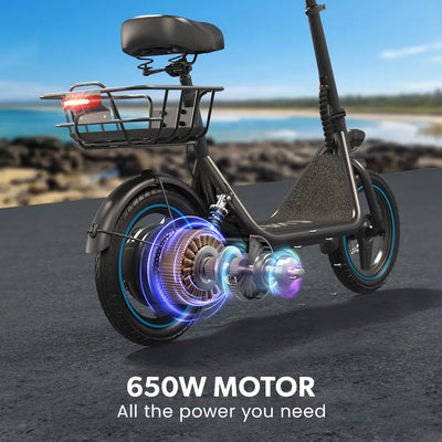 PRE-ORDER VALK Basketbolt Electric Scooter with Seat, 30km Range, Disc brakes, 14" Tyres, Motorised eScooter for Adults Teens Commuter