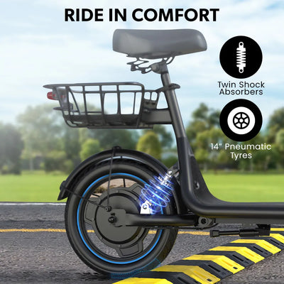PRE-ORDER VALK Basketbolt Electric Scooter with Seat, 30km Range, Disc brakes, 14" Tyres, Motorised eScooter for Adults Teens Commuter