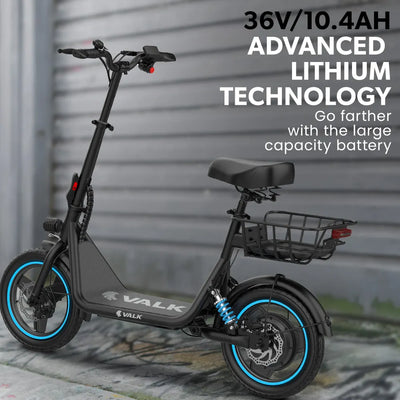 PRE-ORDER VALK Basketbolt Electric Scooter with Seat, 30km Range, Disc brakes, 14" Tyres, Motorised eScooter for Adults Teens Commuter