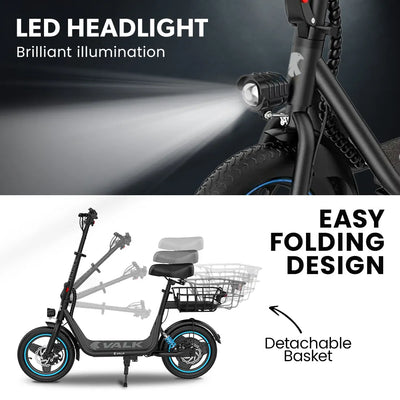 PRE-ORDER VALK Basketbolt Electric Scooter with Seat, 30km Range, Disc brakes, 14" Tyres, Motorised eScooter for Adults Teens Commuter