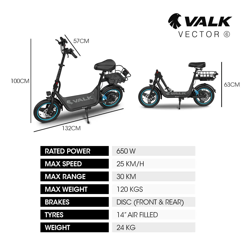 PRE-ORDER VALK Basketbolt Electric Scooter with Seat, 30km Range, Disc brakes, 14" Tyres, Motorised eScooter for Adults Teens Commuter