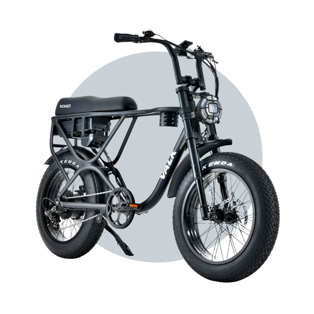 VALK Nomad Electric Fat Tyre Bike, 500W, 45km/hr, Throttle ebike, Disc Brakes, Shimano 7 spd, 20x4" Kenda Tyres, Suspension, Black