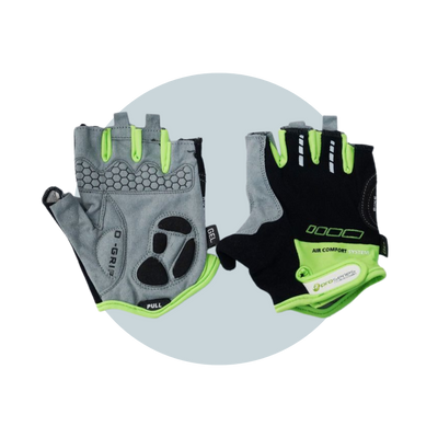 Gloves, Amara Material, Lycra Towel, with GEL PADDING, M, BLACK with Green trim
