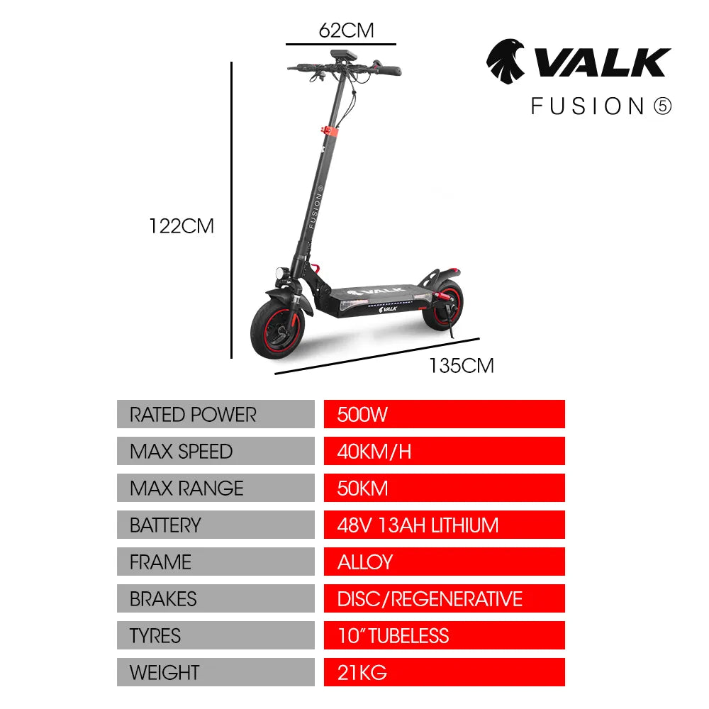 VALK Fusion 5 Electric Scooter 500W 48V 13Ah Lithium 50km Range 40km/h 6 Months Free Service