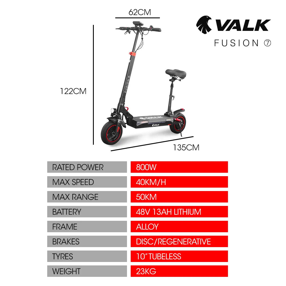 VALK Fusion 7 Electric Scooter 800W 48V 13Ah Battery 50km Range 6 Months Free Service