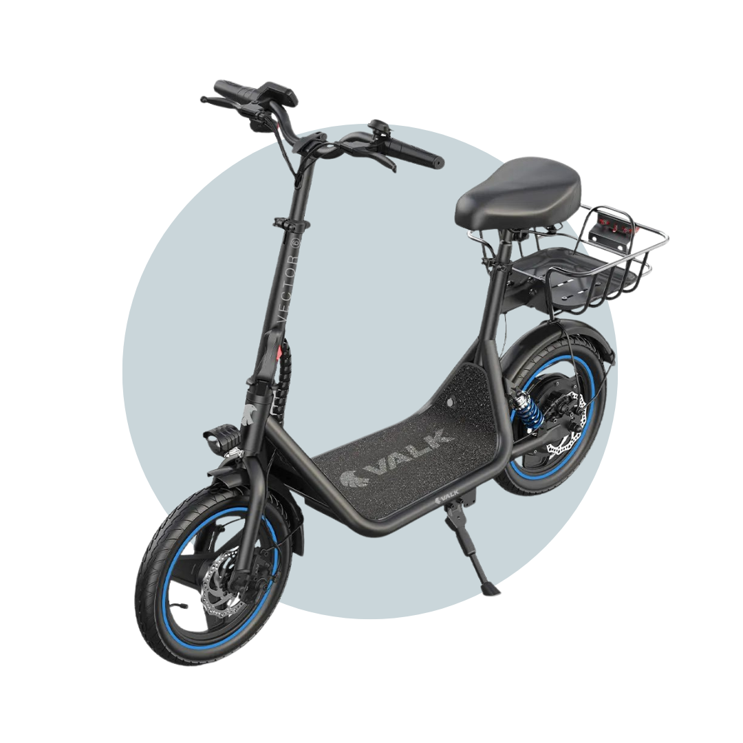 VALK Basket-Volt Electric Scooter with Seat, 30km Range, Disc brakes, 14" Tyres, Motorised eScooter for Adults Teens Commuter