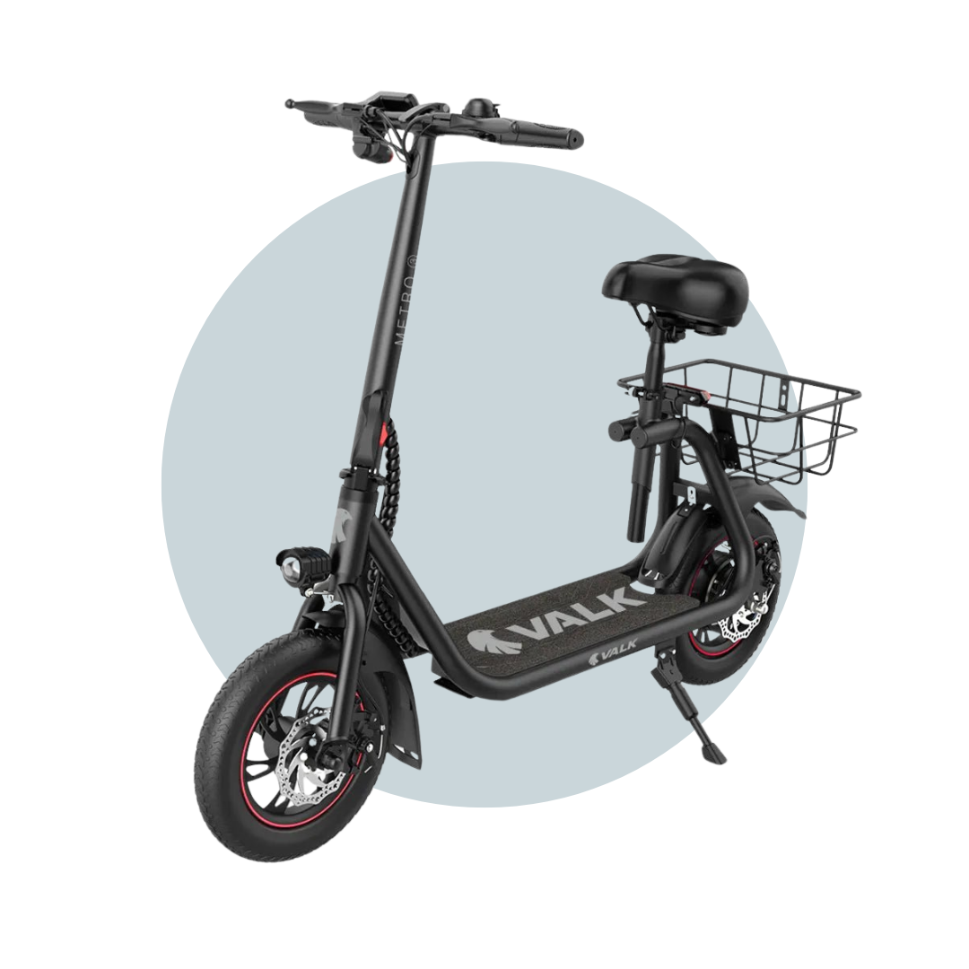 VALK Basket-Volt Electric Scooter with Seat, Disc brakes, 12" Tyres, Motorised eScooter 6 Months Free Service