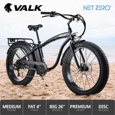 VALK Electric Fat Tyre Cruiser Bike, eBike with Throttle 6 Months Free Service