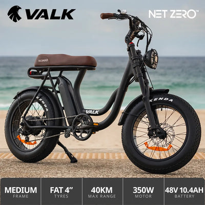 VALK Nomad Electric Fat Tyre Bike, 350W, 32km/hr, Throttle ebike, Disc Brakes, Step-Through Alloy, Shimano 7 spd, 20x4" Kenda Tyres, Suspension, Black