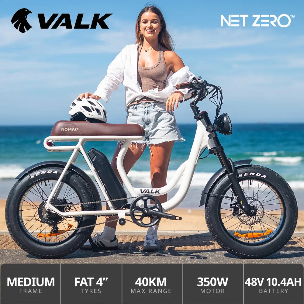 VALK Nomad Electric Fat Tyre Bike, 350W, 32km/hr, Throttle ebike, Disc Brakes, Step-Through Alloy, Shimano 7 spd, 20x4" Kenda Tyres, Suspension, White