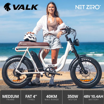 VALK Nomad Electric Fat Tyre Bike, 350W, 32km/hr, Throttle ebike, Disc Brakes, Step-Through Alloy, Shimano 7 spd, 20x4" Kenda Tyres, Suspension, White