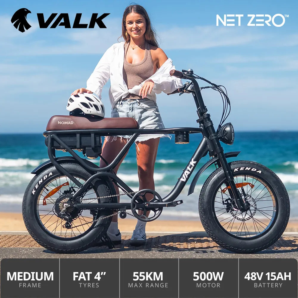 VALK Nomad Electric Fat Tyre Bike, 500W, 45km/hr, Throttle ebike, 20x4" Kenda Tyres, Shimano 7 spd, Suspension, Black