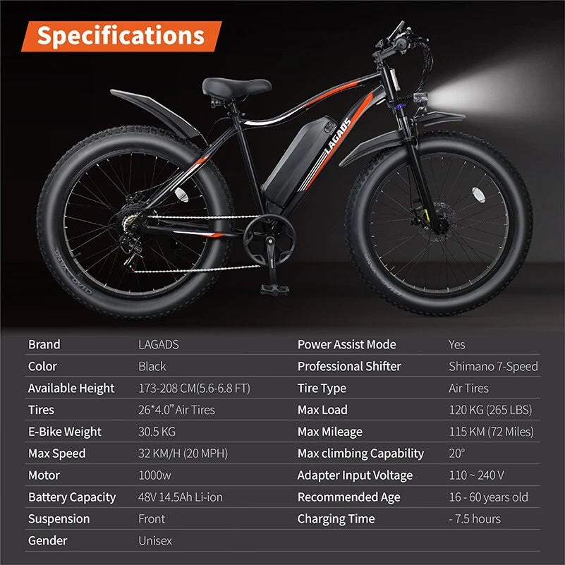 Lagads Thunder B6 eBike 1000W Fat Wheel 48v14.5Ah 6 Months Free Service
