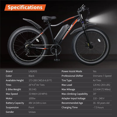 Lagads Thunder B6 eBike 1000W Fat Wheel 48v14.5Ah 6 Months Free Service