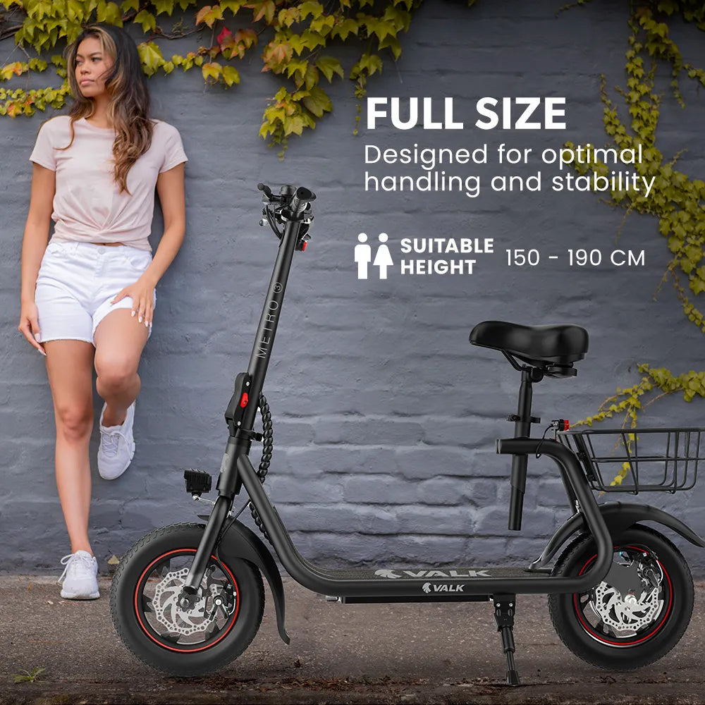 VALK BasketBolt Electric Scooter with Seat, Disc brakes, 12" Tyres, Motorised eScooter 6 Months Free Service
